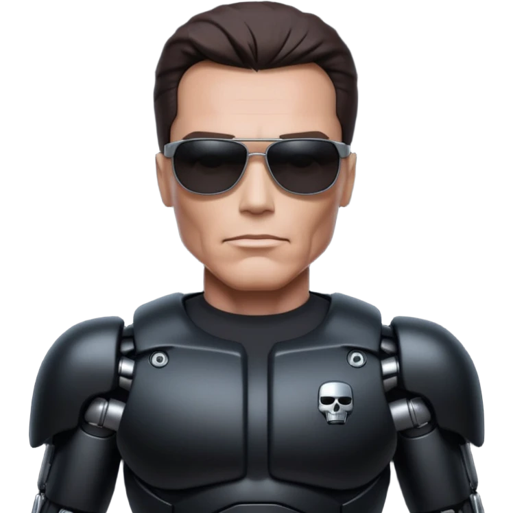 Schwarzenegger-like Terminator, upper body only, wearing his iconic clothes in black (all clothes must be black), looking human but with robotic details, and wearing dark sunglasses, hair must be dark
 emoji