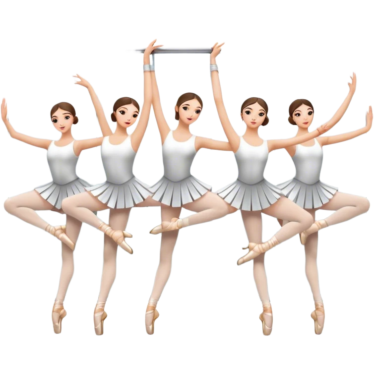 Icon for Choreography: a group of dancers in identical poses, standing by a wall with all wall long mirror, holding a long barre with one hand. The icon should capture the discipline and synchronized movement of dance training. Transparent background. emoji