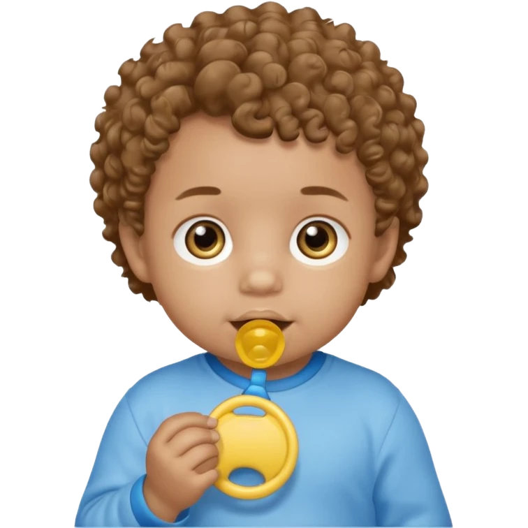 A boy baby with light brown skin, soft curly light-brown hair, wide brown eyes, and a blue-yellow pacifier.  emoji