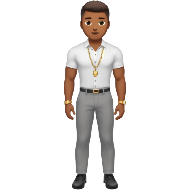 Handsome Black guy with brown skin tone, with lean muscular build, wearing gray slacks, a white button up top, black shoes, and a gold chain emoji