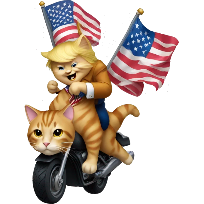 Donald Trump riding a cat holding an American flag emoji
