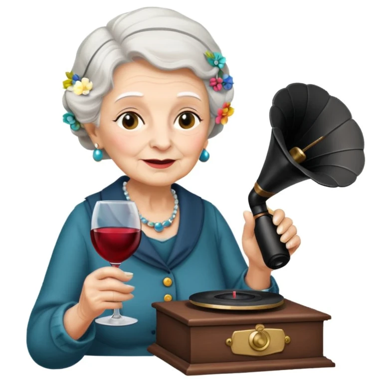 old lady with wineglass listening to gramophone emoji