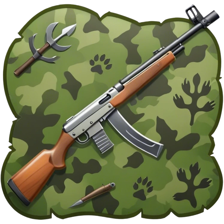 Icon for Hunting: a rifle, hunting knife and a set of animal tracks on the ground, surrounded by a camouflage pattern. The icon should represent the tools and spirit of hunting. Transparent background. emoji