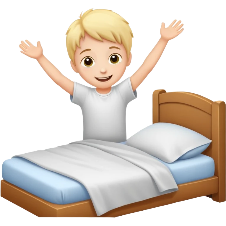 child happily getting out of bed in the morning, bright and friendly emoji