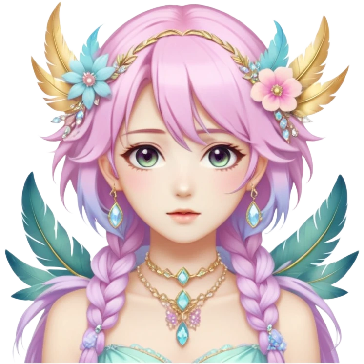Beautiful gorgeous anime lady with beautiful pastel-special-hair, fashion aesthetic, ethereal, fairycore, pastelcore, feather, flower, crystals, accessories, jewelries, gold, colorful, gold laurel emoji