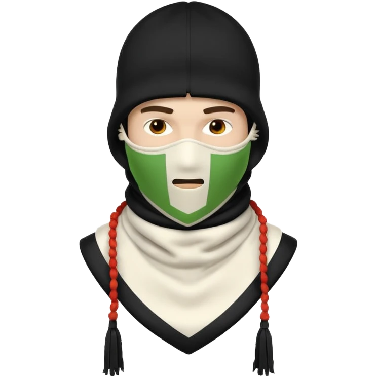 Deconstructed off-white balaclava with frayed layers, rope tassels, subtle embroidery. Studio photo, white bg, soft light. Streetwear luxury style.
 emoji