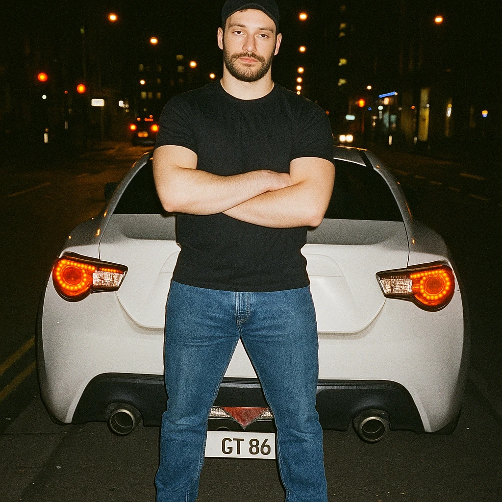 Grunge-style analog photo, London 2025, person inspired by the new reference image standing in front of a Nissan GT 86, model pose, black t-shirt, jeans, Nike Air Jordan low, using flash, city lights, analog grain, 8/8. emoji
