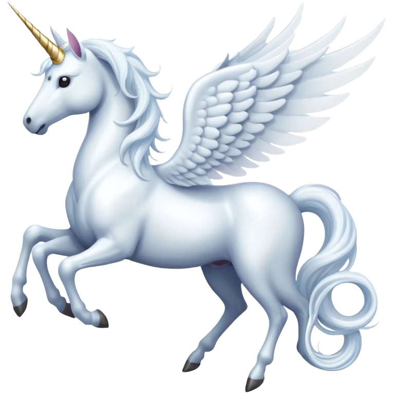 All white Cinematic Noble Unicorn with wings, slender with a flowing mane and tail and spiraled horn emoji