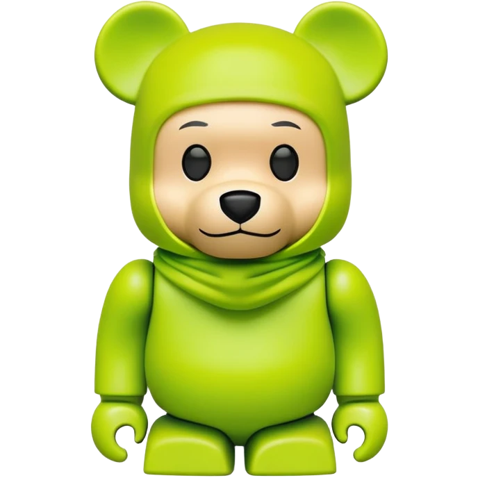 authentic bearbrick collectible figure with squared head and bear features, wearing a bright lime balaclava with defined thick eyebrows, toy design emoji