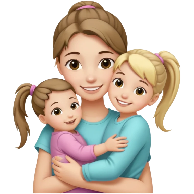 Teenage girl with ponytail embracing a baby and her little sister, loving family emoji
