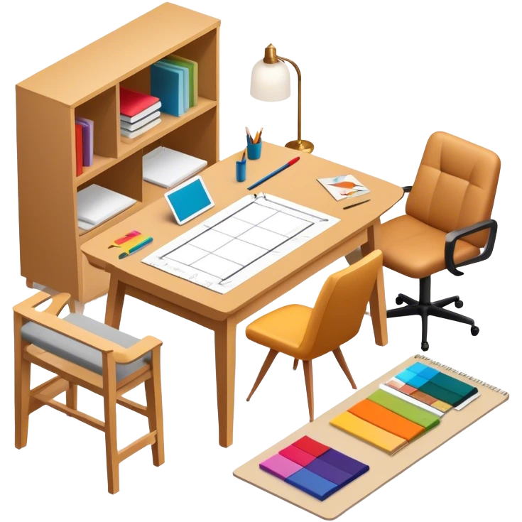 Icon for Furniture Design: a workspace with a designer sketching a piece of furniture, surrounded by design tools like a ruler, pencil, fabric swatches, and a 3D model of the furniture. The icon should represent the design process and creativity in furniture making. Transparent background. emoji