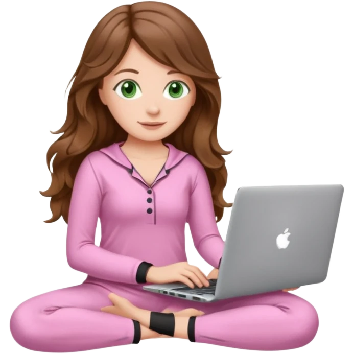 make a picture in ios 18 style of a white girl with brown long wavy hair and green eyes wearing pink pilates core pajamas and working on a laptop emoji