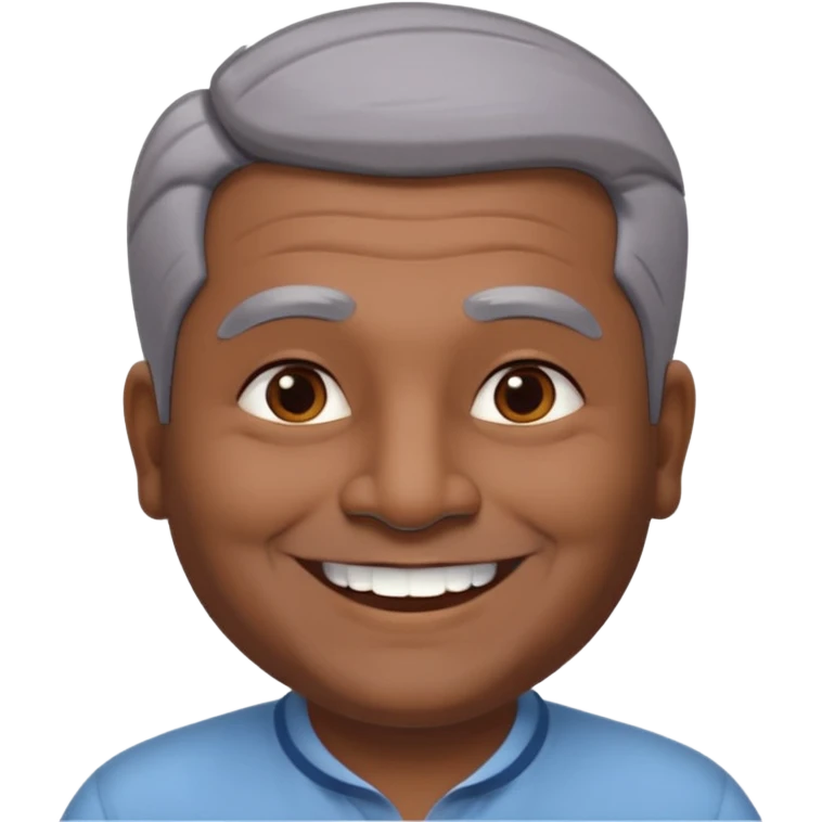 50 yr old indian man, dark skin, grey hair, big smile, white teeth, chubby, no moustache, clean shaven, young style hair, hair brushed back, 5 oclock shadow emoji