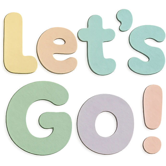"Let’s Go!" text in soft pastel rainbow colors, soft rounded kawaii bubble font, no frame, transparent background emoji