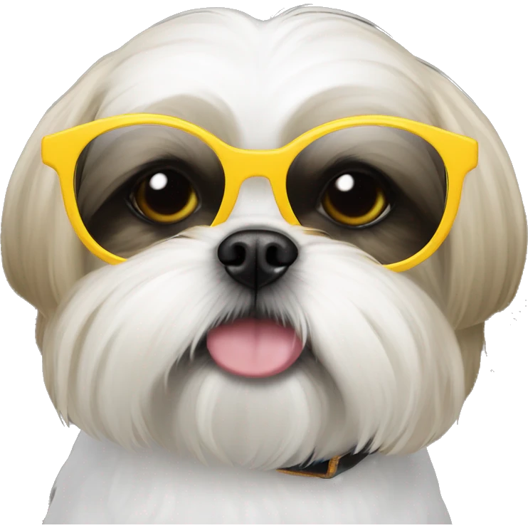 White shihtzu wearing circle sunglasses with yellow rim emoji