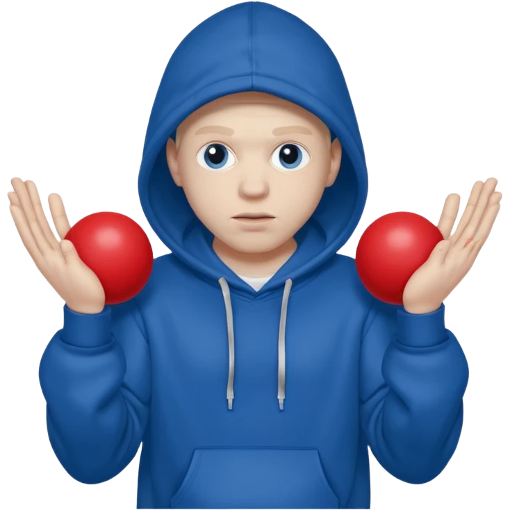 white rapper in a hoodie holding blue and red balls in opposite hands emoji