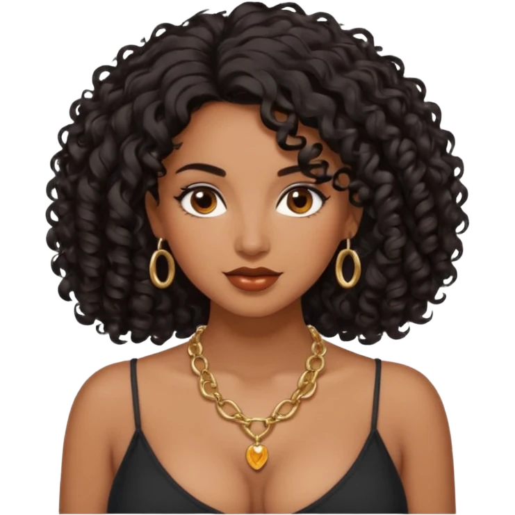 brown skinned lady with curly black hair, shoulder long hair, messy, nice curves, busty emoji