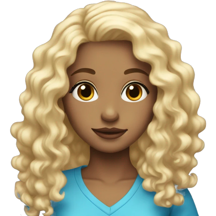 Girl with blonde hair with loose curls and blue eyes wearing  emoji