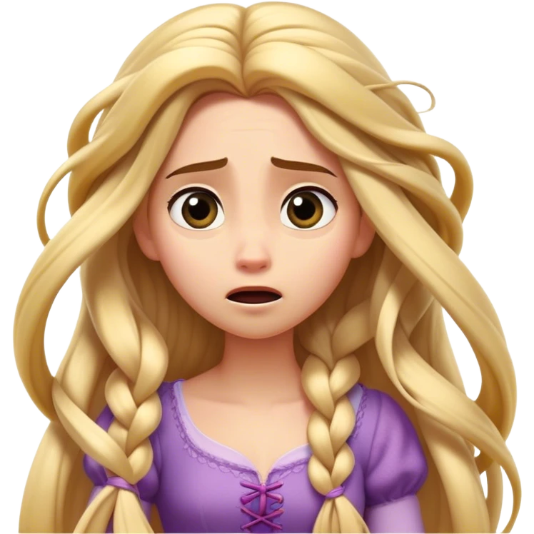 Cinematic Funny Rapunzel Portrait Emoji, Looking exhausted while tangled in her own hair, a dramatic sigh, eyes rolling with humorous exasperation, a hilariously relatable moment for the long-haired princess! emoji