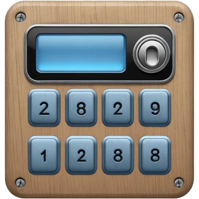 wooden rectangle keypad with a blue small screen and a door holder emoji