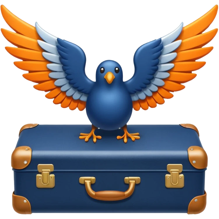 16x16px emoji for 'FlyFlat miles' featuring a suitcase with wings, using FlyFlat navy blue, orange, and white colors, symbolizing travel and reward points for peer recognition emoji