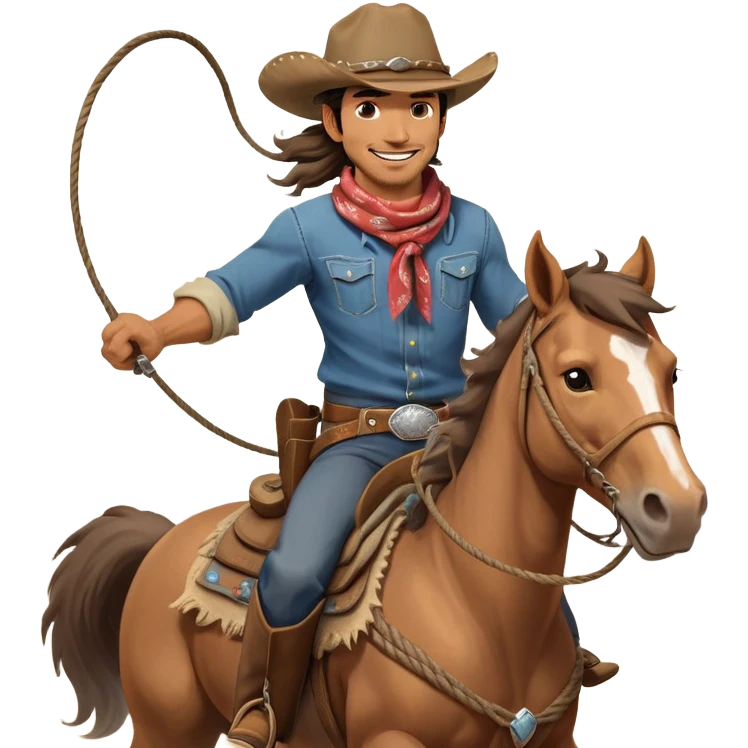 clash-of-clans-aesthetic_-cinematic-playful-cowboy-portrait-emoji, head-tilted with a roguish, cheeky grin and twinkling eyes, featuring a rugged, spirited build with a wide-brimmed cowboy hat and a weathered bandana on tan skin, riding a powerful galloping horse with dynamic flowing mane, reins gripped firmly in one hand and a lasso in the other, as dust swirls behind them in a vast desert landscape. emoji