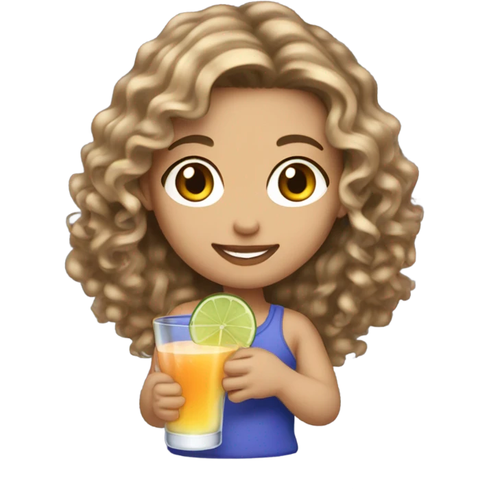 Long curly brown hair with blonde highlights, white skin with a cocktail emoji