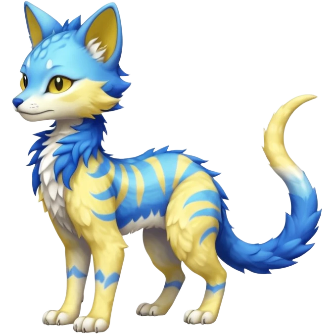 Kawaii yellow and blue beautiful pretty elegant divine edgy fantasy feline-vernid-sergal-fursona animal creature with a tufted tail full body with intricate markings  emoji