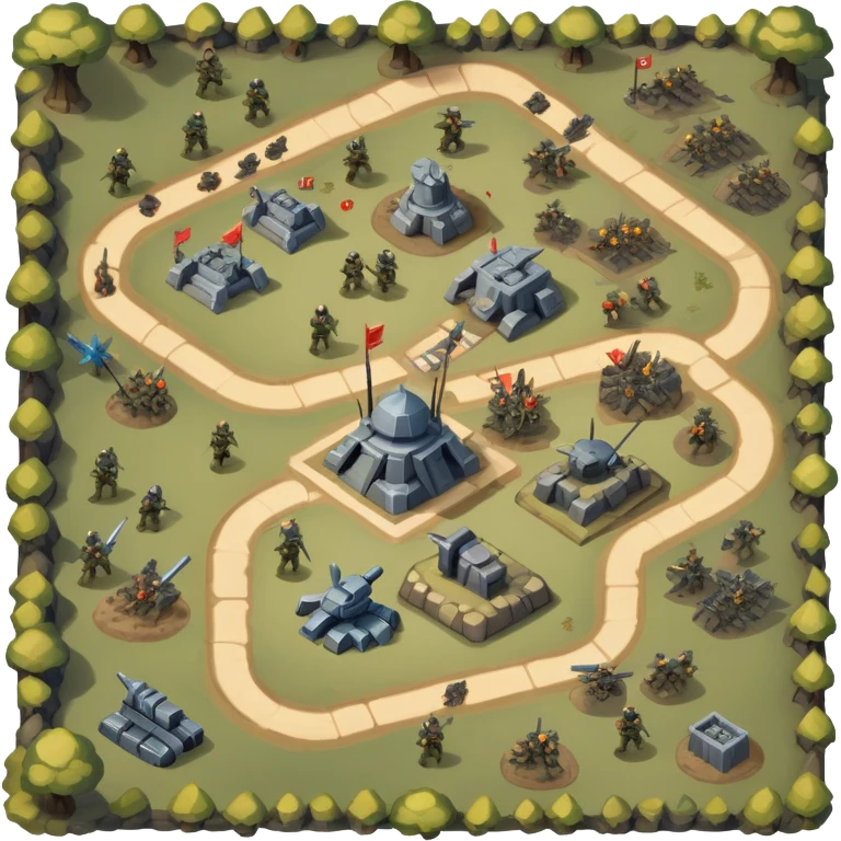 An icon showing a strategic battle scene with a top-down view of an army, inspired by classic strategy games. The interface displays unit icons, a minimap, and resource counters. Soldiers and siege weapons engage in combat on detailed terrain. Transparent background. emoji