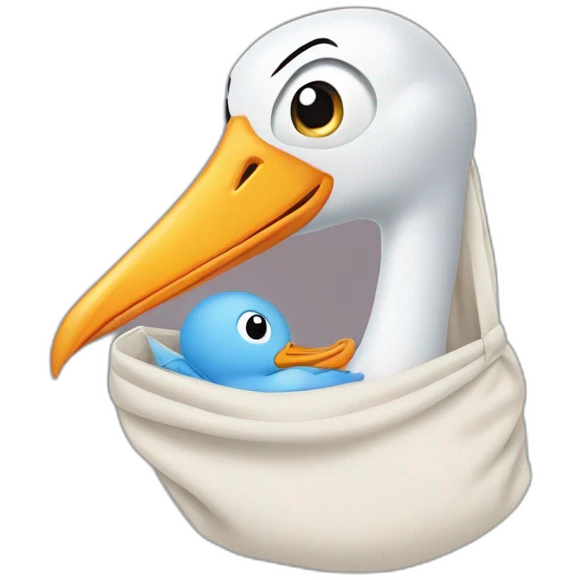 stork delivering baby boy in fabric held in its beak you can see the baby boys face popping from the top of the sack emoji