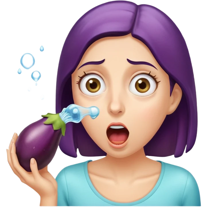 surprised woman with wide eyes, eggplant squirting water as she bites it emoji