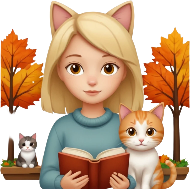 Girl with book and cat autumn vibe cozy emoji