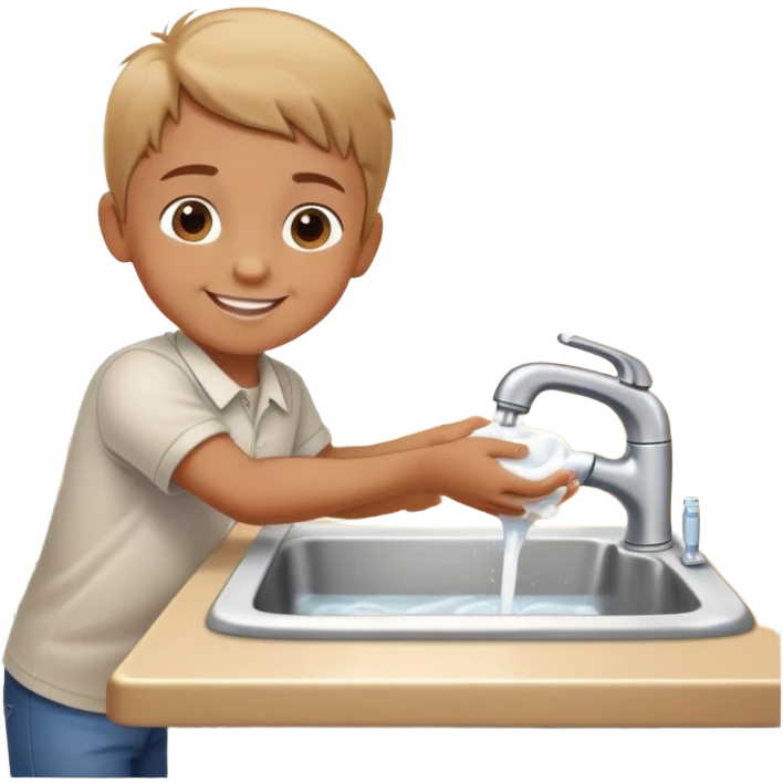 child washing hands at a sink, smiling, food on table in background emoji