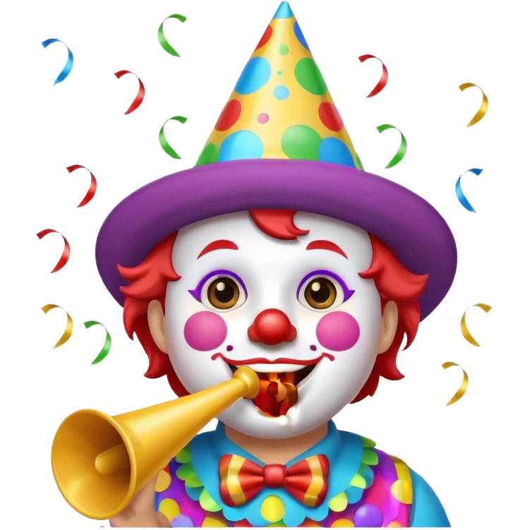 party clown emoji blowing a party horn, confetti, festive hat emoji