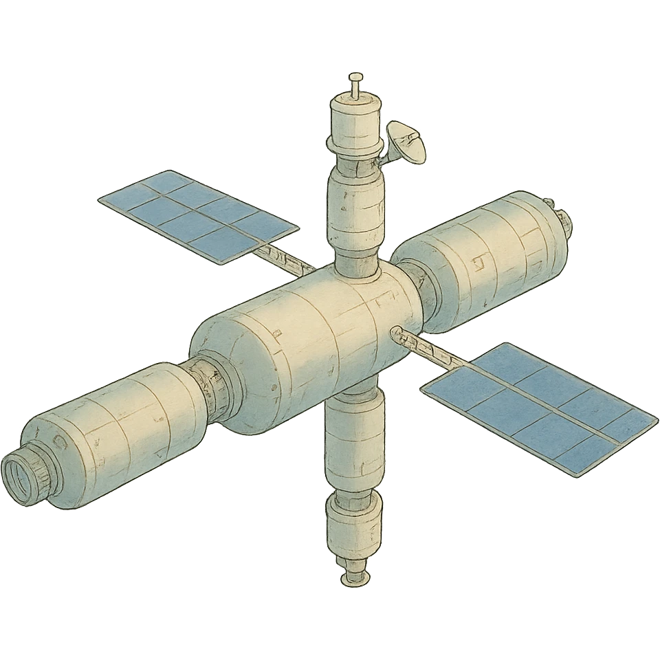 ghibli style illustration of Tiangong orbital station with soft colors emoji
