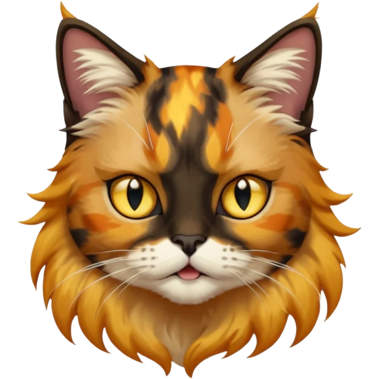 long hair tortoiseshell cat with a black face, white beard and yellow lightning mark above left eye emoji