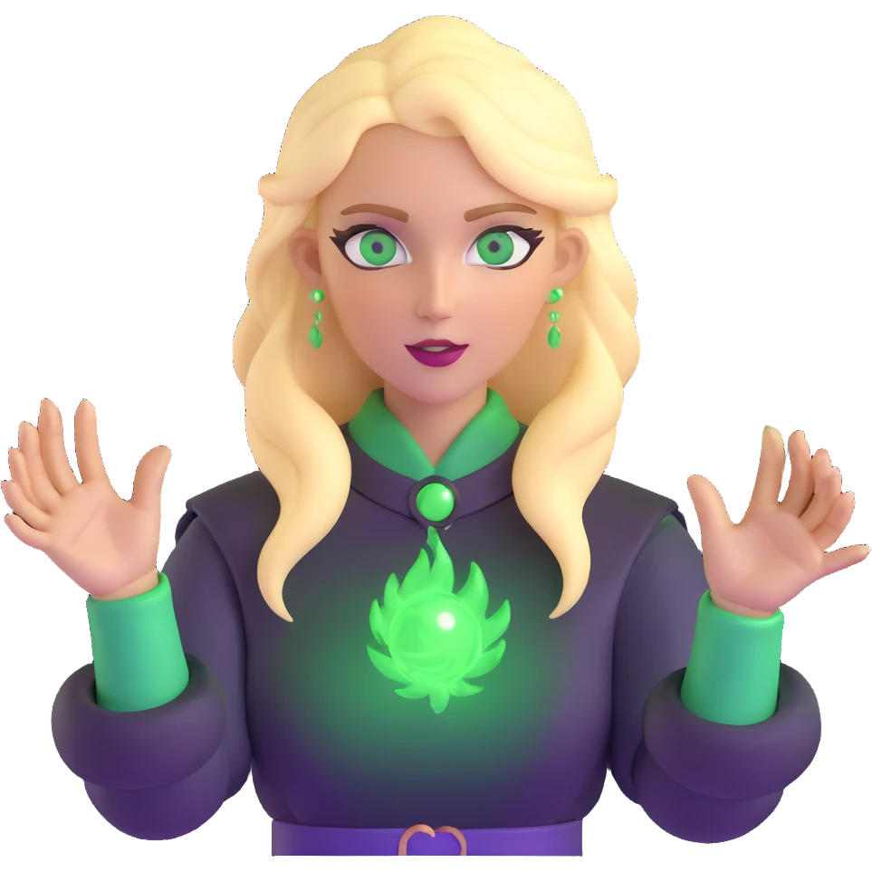 blonde woman with green eyes, fireballs and magical effects emoji