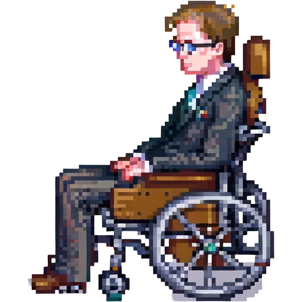 side view of Stephen Hawking in pixel art style, sitting in his wheelchair, wearing a suit, simplified pixel art details emoji
