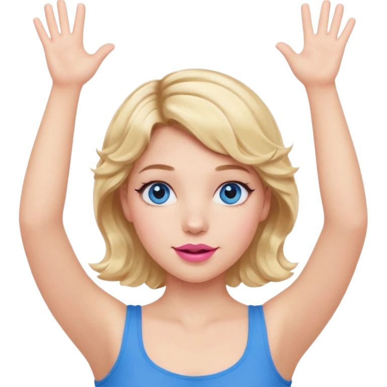 Girl Blonde short wavy hair,  blue eyes, cute blue top, long lashes, pink lips, both hand up in the air  emoji