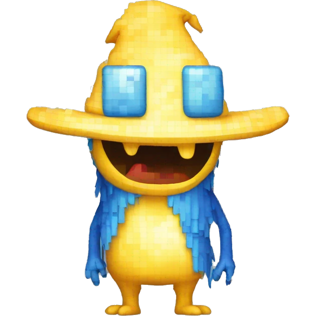pixelated monster with white body, yellow tail, wearing blue skywitch hat. the face facing the front (through the 4th wall) emoji