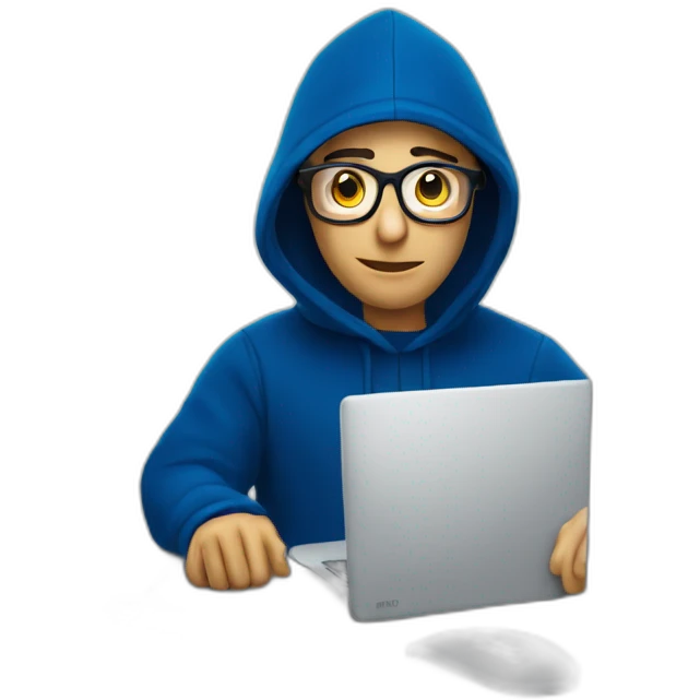 Adult with glasses with a dark blue hood behind his computer and focus on his code  emoji