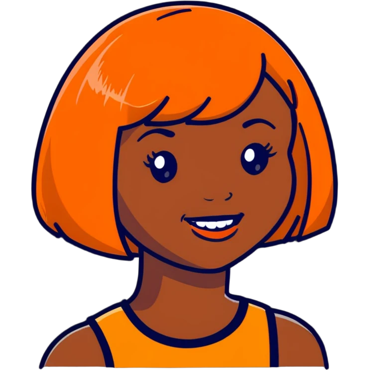 dark skinned Black woman with orange bob wig like Chucky's hair, visible plaque on her teeth emoji