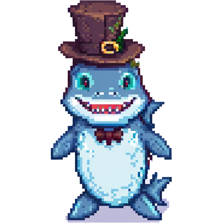 pixel art shark wearing a tophat emoji