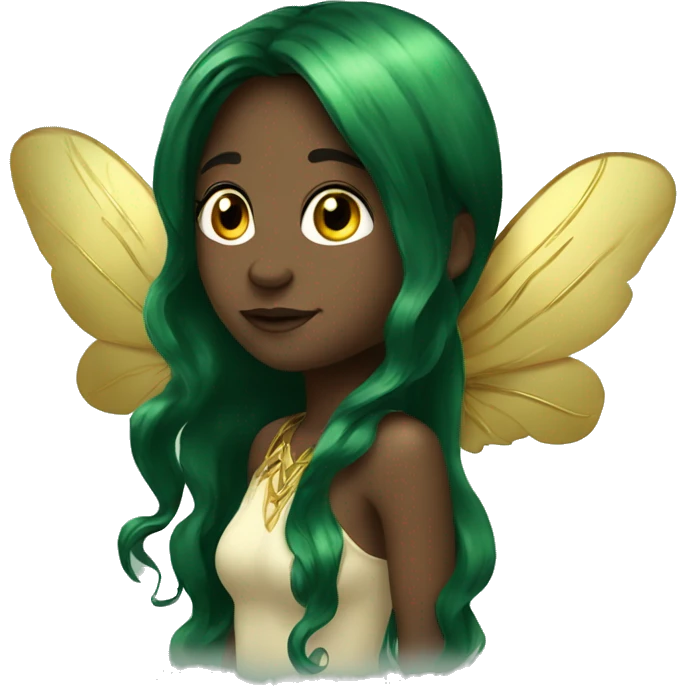 Beautiful, fairy, gold, dark green, green, long hair, big wings emoji