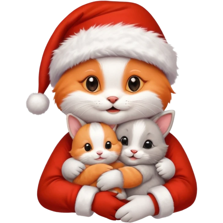 Happy Cute Kitten wearing a Santa hat hugging a cute bunny in a Santa hat as friends emoji
