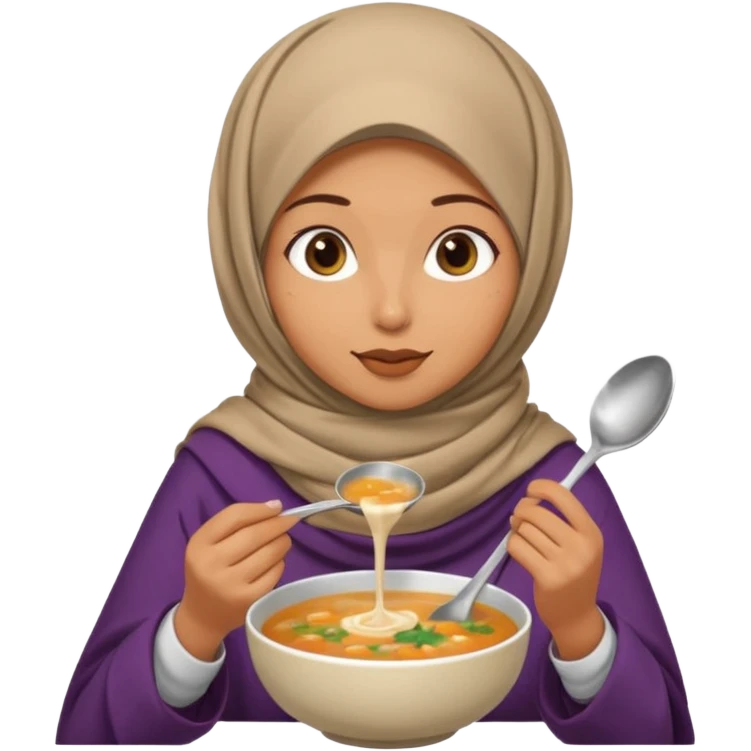 a woman wearing a pashmina hijab is eating while holding a spoon emoji