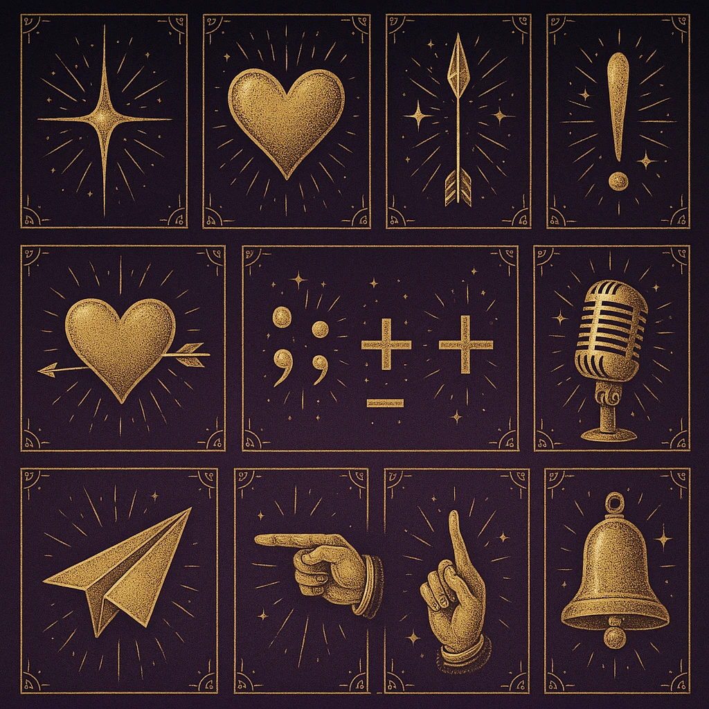 lights, hearts, arrows, punctuation marks, mathematical signs, microphone, telegram airplane, finger points, bell, all in tarot aesthetics with a dark purple gradient to light purple background emoji