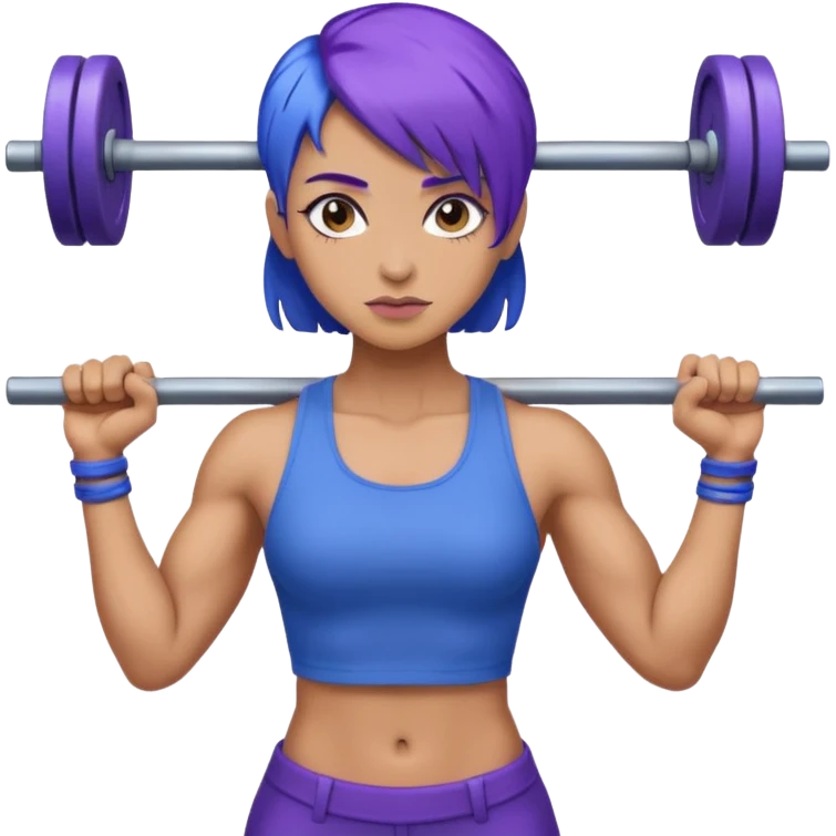 weight lift woman short blue purple har muscles bar is not growing from head emoji