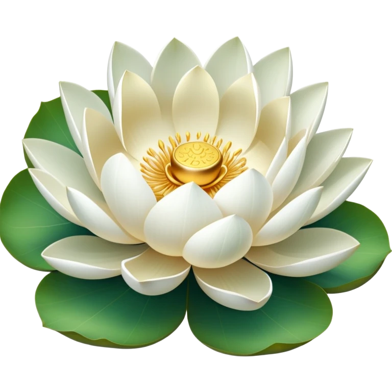 Pure white lotus flower with delicate pristine petals and golden center, accompanied by botanically accurate lotus leaf with distinctive notch and upturned edges emoji