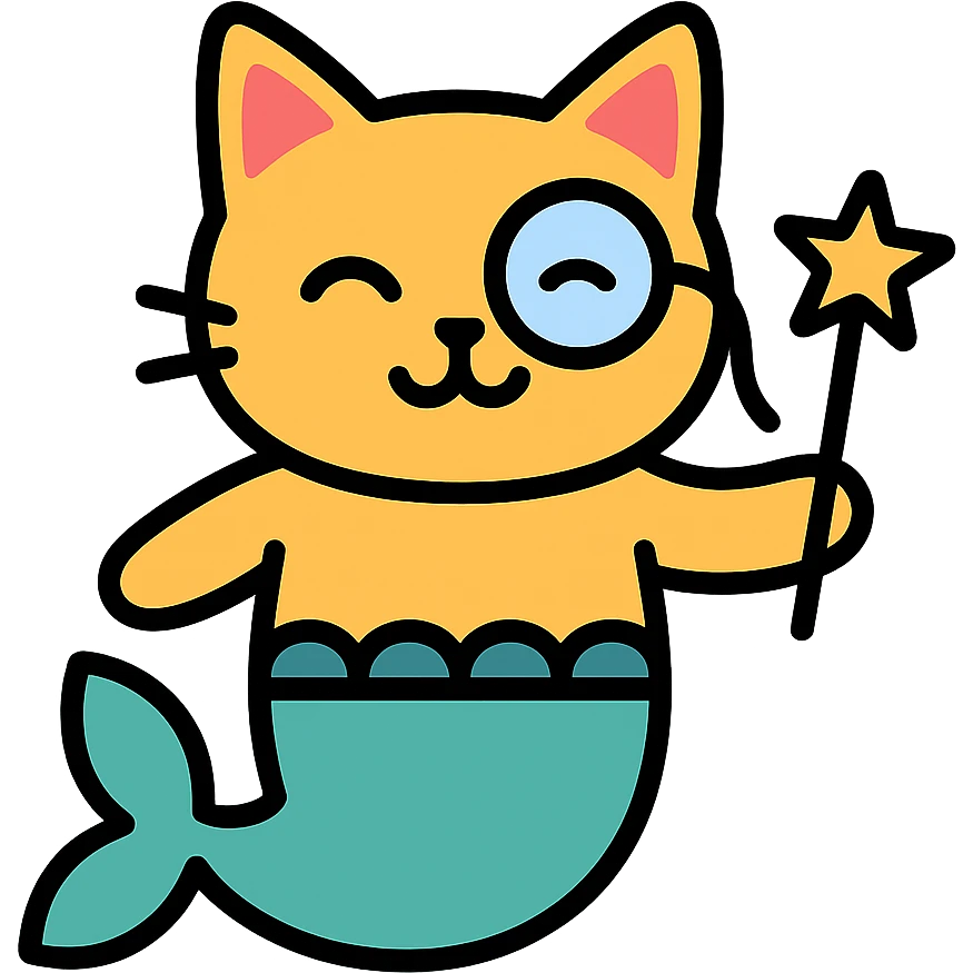 half cat half mermaid with a monocle and a magic wand icon emoji